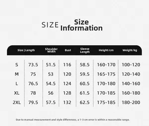 Detailed size chart for men's long sleeve shirt with measurements from size S to 2XL