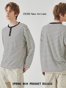 Heren gestreept T-shirt met lange mouwen, losse pasvorm en ronde hals met knopen