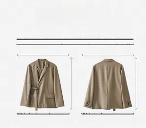 Front and reverse view of casual dark khaki blazer with structured waist buckle and pockets