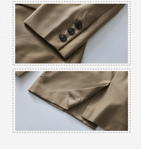 Detailed close-up of khaki blazer showing sleeve buttons and hem slit craftsmanship