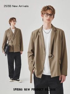 Men's casual khaki blazer with side buckle strap detail and notched lapel design