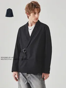 Men's black casual blazer with unique side buckle closure in a loose Korean style