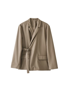 Men's khaki casual blazer with side buckle wrap design and lapel collar in a loose fit