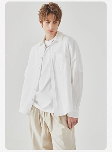 Close-up of white long sleeve shirt showing premium textured fabric and relaxed fit style