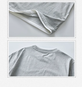 Detailopname van de halslijn en zoom van het grijze heren t-shirt met laagjesontwerp