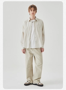 Full view of men's casual beige shirt set with cotton linen texture and matching trousers