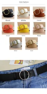 Detail view of round gold buckles on high-quality PU leather belts in multiple colors