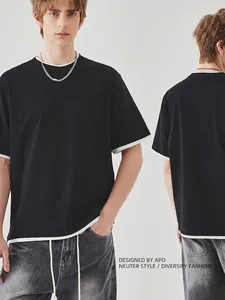 Heren zomer T-shirt met laagjeslook in zwart met witte contrasterende afwerking