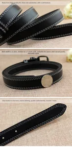 Close-up of black PU leather belt featuring white contrast stitching and 7 adjustment holes
