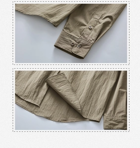 Detail of khaki shirt sleeve with double buttons and curved hem on textured fabric