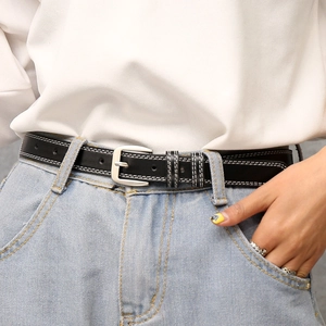 Women's Simple Black PU Leather Skinny Belt With Contrast White Stitching Alloy Pin Buckle Waist Accessory For Dresses