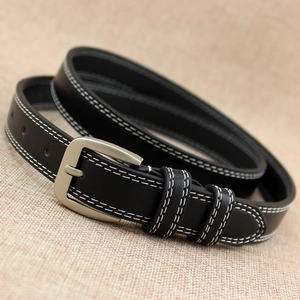 Minimalist black leather belt with silver buckle and white double stitching for women