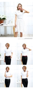 Détail d'une robe en dentelle blanche avec ceinture fine et chemise à volants à boucle