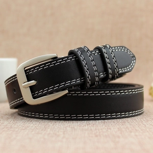 Classic black leather skinny belt for women with white stitching and silver pin buckle