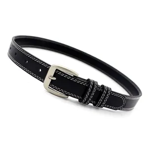 Minimalist black leather skinny belt with white stitching and silver pin buckle for women