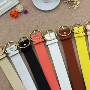 Women's Fashion PU Leather Belt with Shiny Gold Round Buckle Versatile Thin Waist Strap for Jeans Dresses Daily Accessory