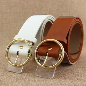 Minimalist white and brown PU leather belts for women with round golden alloy buckles
