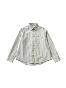 Men's loose long sleeve cotton linen shirt in beige featuring chest pocket and buttons