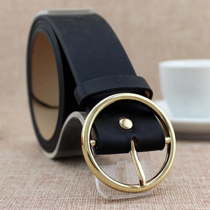 Women's black PU leather belt with gold round buckle for dresses and casual jeans