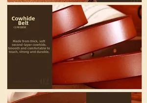 Vue macro de la ceinture en cuir de vachette marron-rouge épais avec une surface lisse et douce