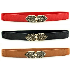 Women Retro Heart Buckle Elastic Belt Vintage Artificial Leather Skinny Waistband For Dress Decoration Elegant Stretch Waist Seal