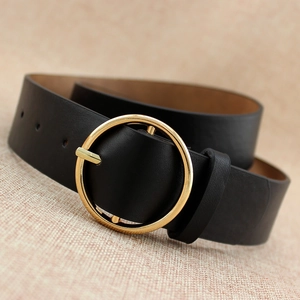 Women Minimalist PU Leather Belt With Gold Round Alloy Pin Buckle Black Fashion Accessory For Jeans Dresses Trousers