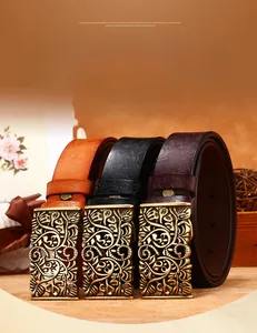Three-color floral embossed leather belts for women with vintage hollow metal buckles