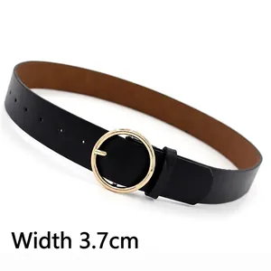 Women's 3.3cm black PU leather belt with gold round buckle for dresses and jeans