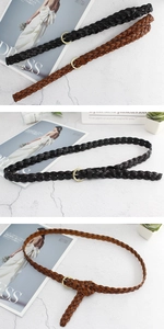 Détails de fines ceintures en cuir tressé noires et marron avec boucles dorées rondes