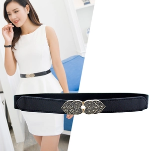 Women's vintage elastic waist belt with gold heart-shaped buckle for dress decoration