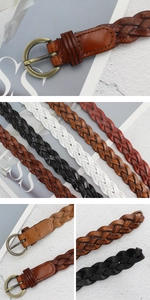 Détails de fines ceintures en cuir tressé avec boucles en bronze vintage en plusieurs couleurs