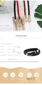 Detail of woven PU leather thin belt with gold horseshoe buckle and alloy hardware