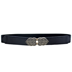Women's black elastic waist belt featuring a vintage gold double heart rose buckle