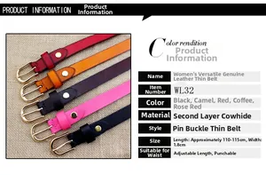 Detailed view of genuine leather women belt with pin buckle and smooth cowhide texture