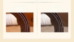 Detail of multi-layer oil edge craftsmanship on brown leather belt with smooth buckle