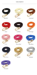 Detailed grid showing woven PU leather skinny belts with round gold metal buckles in 13 colors