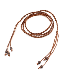 Braided brown rope waist belt for dresses with dark bead accents on a white background