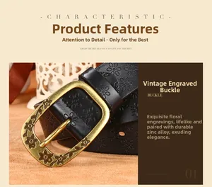 Close-up of vintage black leather belt with zinc alloy flower buckle and floral embossing