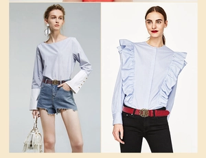 Détail de chemises en coton à rayures bleues avec poignets blancs et volants aux épaules