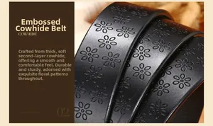 Detailed macro view of black split cowhide leather belt featuring embossed floral patterns