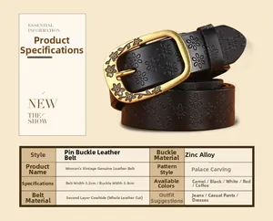 Macro detail of the vintage embossed flower pattern on the black leather belt strap and buckle