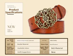 Détails d'une ceinture en cuir pour femme de 3,2cm avec boucle gravée en alliage