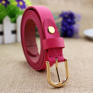 Women's slim pink leather belt with crosshatch texture and golden pin buckle