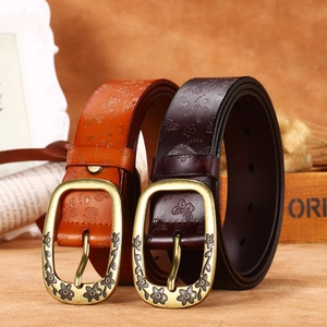 Vintage Women Split Cowhide Leather Belt Butterfly Floral Embossed Design With Alloy Flower Buckle Casual Fashion Waist Belt