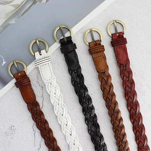 Ceinture Femme en Cuir Tressé Rétro Avec Boucle Ronde en Alliage Mince Sangle de Taille pour Jeans Robes Décoration Quotidienne