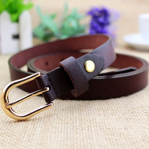 Deep brown Saffiano leather skinny belt for women with elegant gold pin buckle