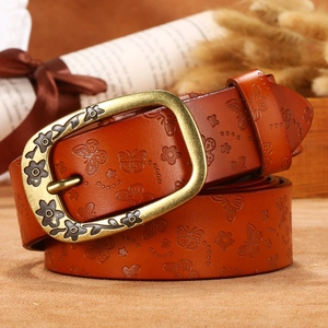 Brown leather belt for women with vintage floral butterfly embossing and metal buckle
