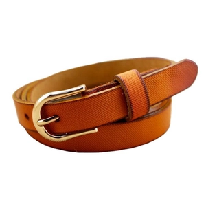 Classic orange-brown slim leather belt with textured cross pattern and gold buckle