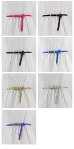 Detailed grid view of slim woven PU leather belts in seven colors with gold metal buckles