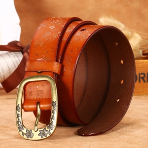Women's genuine leather belt with butterfly flower embossing and vintage floral buckle